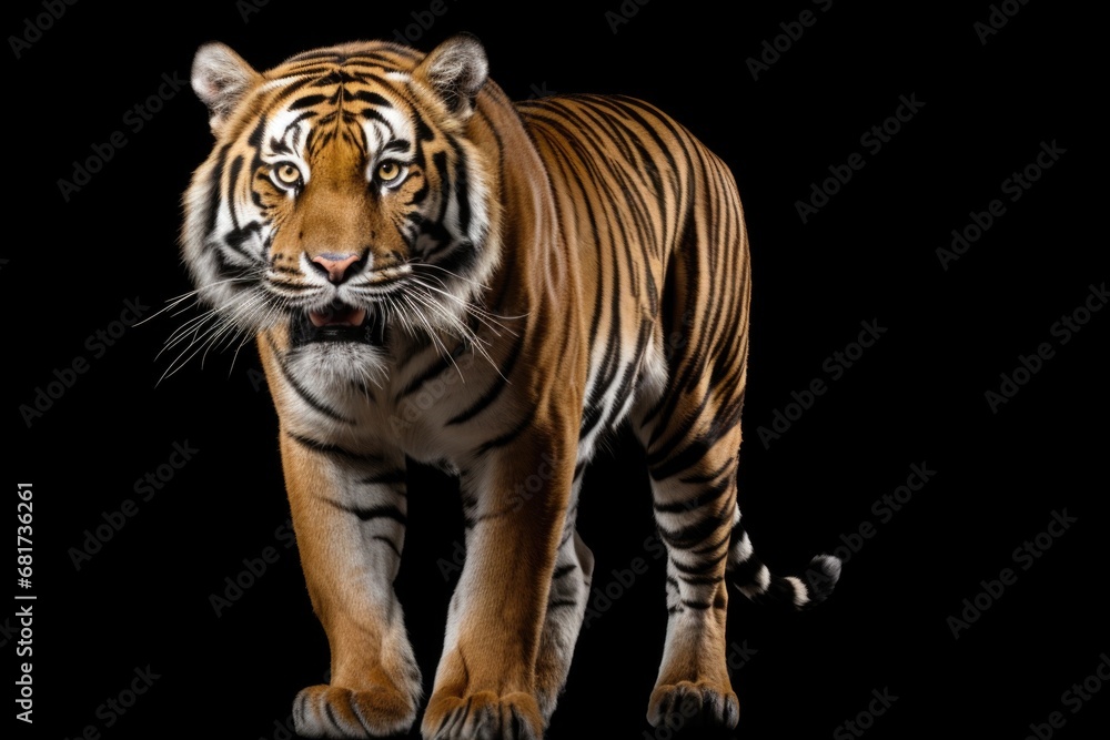 Obraz premium A powerful tiger walking across a black background. Perfect for designs that require a strong and striking image.