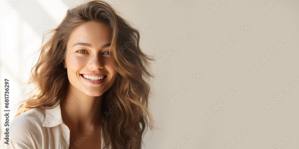 Beautiful Young Woman with Natural Healthy Skin, Smiles and Looks, Isolated on Solid White Background, Ideal for Skincare and Rejuvenation Designs Beautiful Young Woman with Natural Healthy Skin, Smiles and Looks, Isolated on Solid White Background, Ideal for Skincare and Rejuvenation Designs