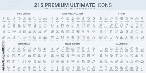 Smart house system, control access, furniture and home repair service thin black line icons set vector illustration. Outline symbols of maintenance and chefs tools, bedroom and kitchen, garage