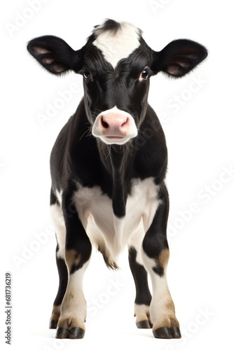 A black and white cow standing in front of a white background. This image can be used in various contexts, such as agriculture, farming, or animal husbandry