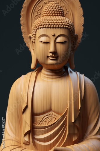 A wooden statue of a Buddha sitting on a table. This image can be used to represent peace, spirituality, meditation, or Eastern culture
