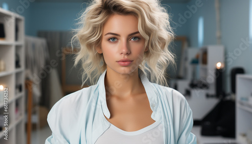 Beautiful young woman with blond hair looking at the camera generated by AI