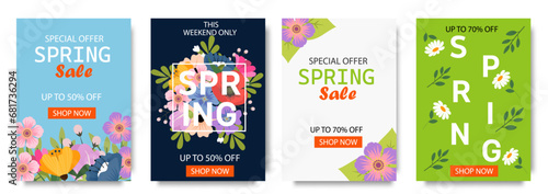 Set Spring sale banners with beautiful colorful flowers. For template, banners, wallpaper, flyers, invitation, posters, brochure, voucher discount. Vector illustration