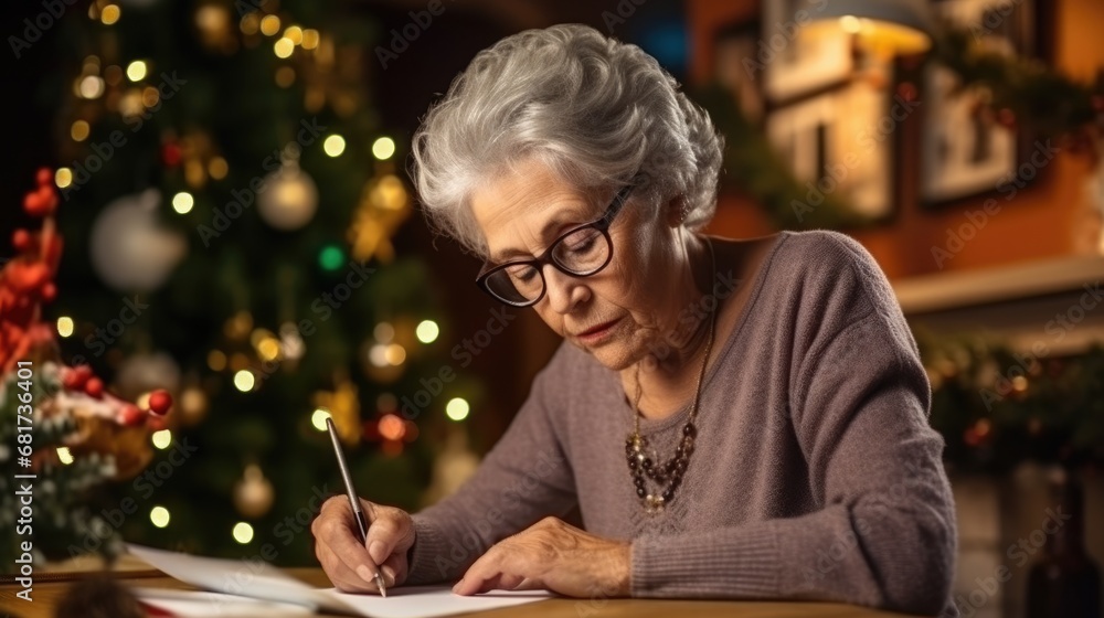 senior woman write letter to Santa, christmas decoration on background senior woman write letter to Santa, christmas decoration on background