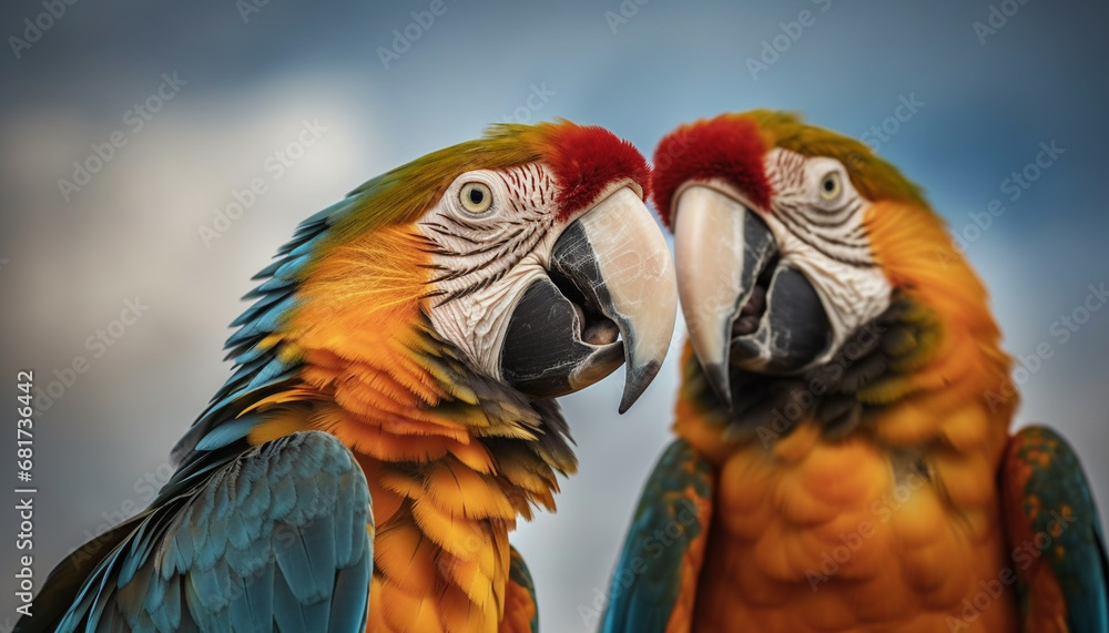 Vibrant macaw perching on branch, showcasing multi colored feathers generated by AI