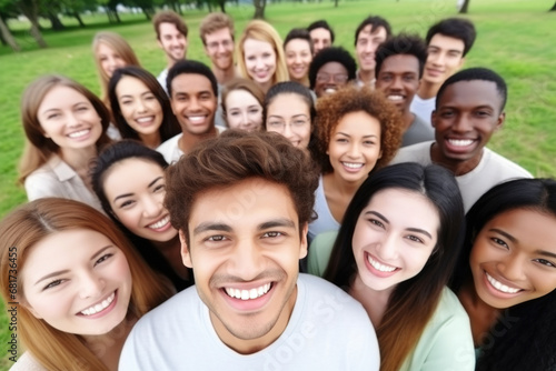 Picture of group of people standing together in park. This versatile image can be used to represent friendship, community, outdoor activities, and more