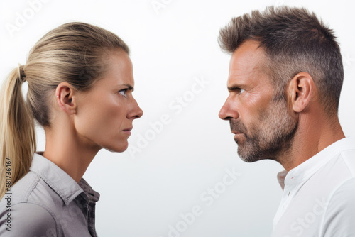 Picture of man and woman standing in front of each other, looking directly at each other. This image can be used to represent communication, relationships, or conflict resolution
