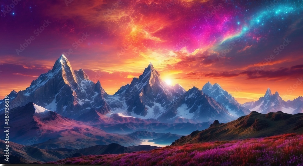 A serene and otherworldly landscape, with towering mountains and a breathtaking sunrise that illuminates the vastness of the cosmos - AI Generative
