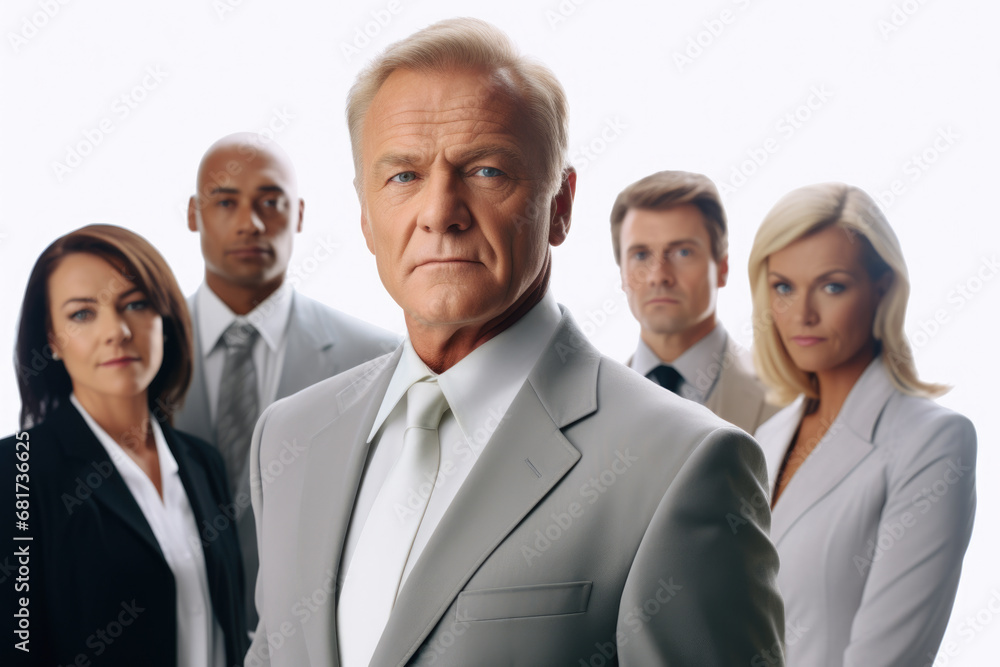 Professional man in suit confidently stands in front of group of business people. This image can be used to represent leadership, teamwork, and business success Professional man in suit confidently stands in front of group of business people. This image can be used to represent leadership, teamwork, and business success