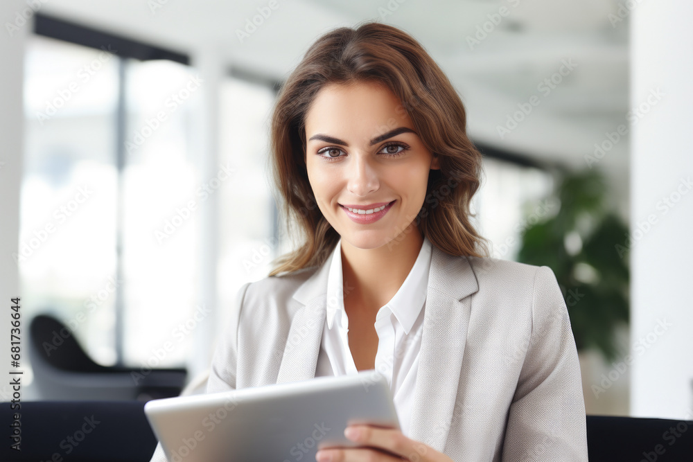 Woman is sitting at table and using tablet computer. This image can be used to illustrate technology, online shopping, work from home, or digital communication Woman is sitting at table and using tablet computer. This image can be used to illustrate technology, online shopping, work from home, or digital communication