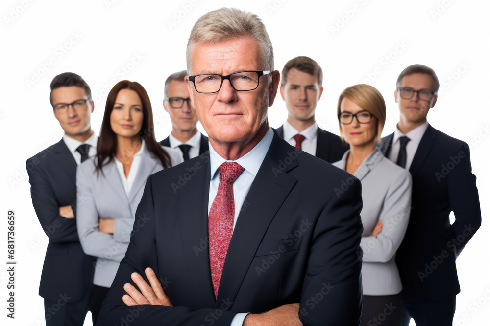 Professional man in suit and tie confidently stands in front of group of business people. This image is perfect for illustrating leadership, teamwork, and business meetings Professional man in suit and tie confidently stands in front of group of business people. This image is perfect for illustrating leadership, teamwork, and business meetings