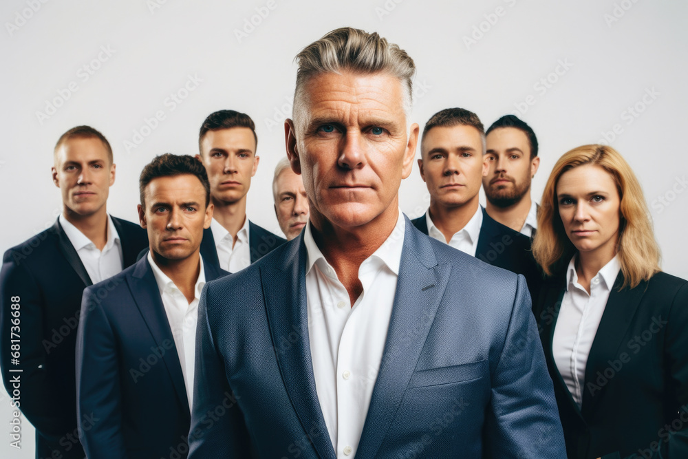 Man confidently stands in front of group of people. This image can be used to represent leadership, public speaking, teamwork, or presenting ideas Man confidently stands in front of group of people. This image can be used to represent leadership, public speaking, teamwork, or presenting ideas