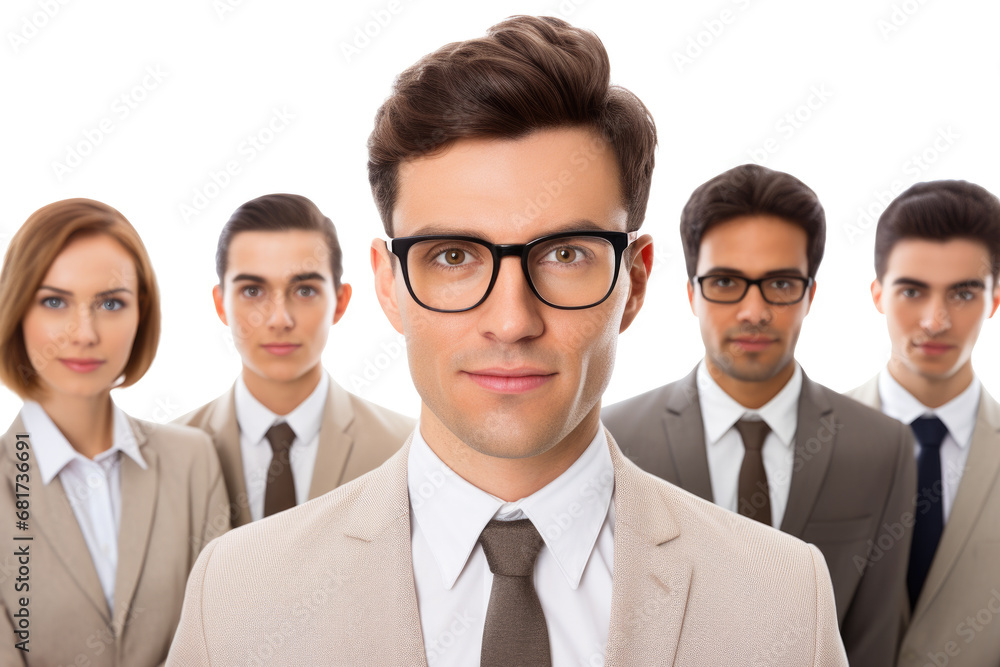 Confident man in suit and tie stands in front of group of business people. This image can be used to represent leadership, teamwork, and business success Confident man in suit and tie stands in front of group of business people. This image can be used to represent leadership, teamwork, and business success