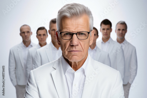 Man wearing white suit and glasses confidently stands in front of group of men. This image can be used to depict leadership, teamwork, or business presentation