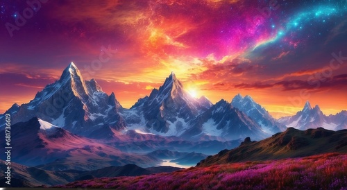 A serene and otherworldly landscape, with towering mountains and a breathtaking sunrise that illuminates the vastness of the cosmos - AI Generative © Being Imaginative