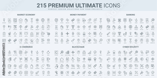 Ecommerce, cryptocurrency and money payment online, data protection thin black line icons set vector illustration. Outline symbols of wallet and delivery, sales in retail shop, blockchain and mining