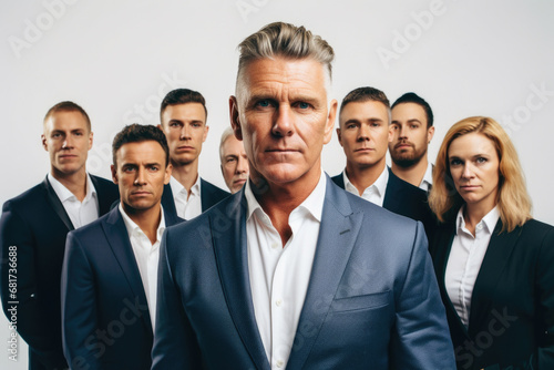 Man confidently stands in front of group of people. This image can be used to represent leadership, public speaking, teamwork, or presenting ideas