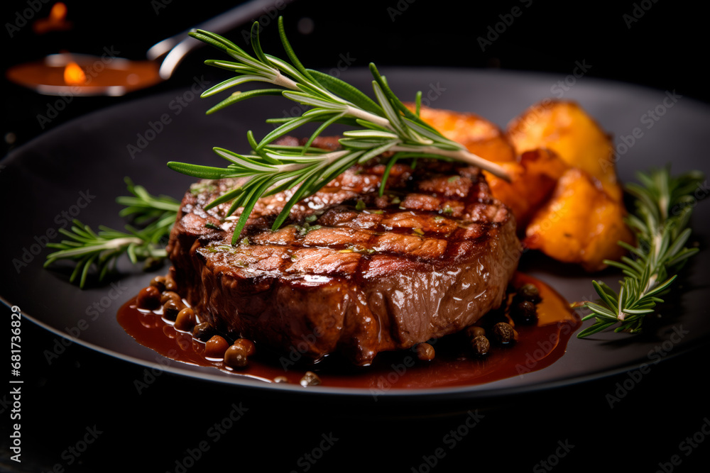 A Juicy medium beef ribeye steak is being soaked in sauce and herbs on black background.