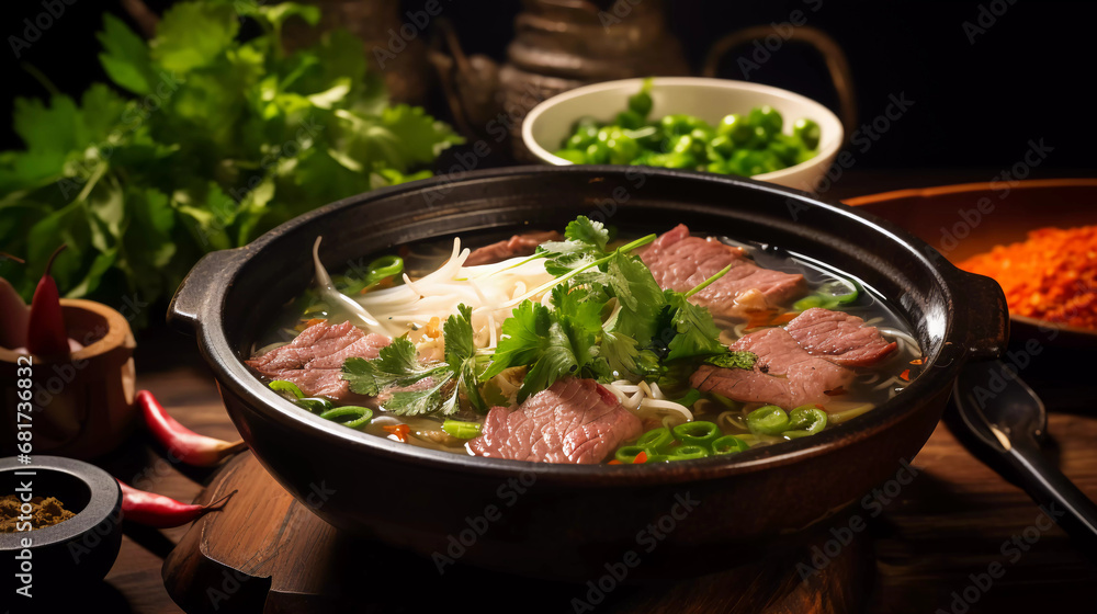 Steamy bowl of traditional Vietnamese Pho with rice noodles, sliced beef, and fresh herbs served in a cozy local restaurant