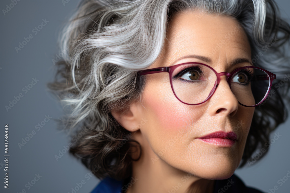 Detailed close-up of woman wearing glasses. This image can be used to illustrate concepts related to vision, eye care, fashion, or professional attire Detailed close-up of woman wearing glasses. This image can be used to illustrate concepts related to vision, eye care, fashion, or professional attire