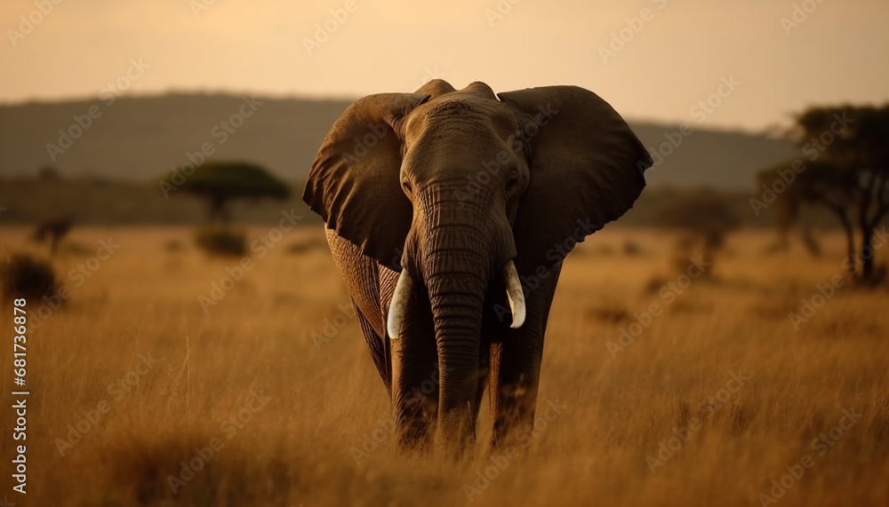 Fototapeta premium African elephant walking in the wilderness, looking at camera generated by AI