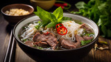 Steamy bowl of traditional Vietnamese Pho with rice noodles, sliced beef, and fresh herbs served in a cozy local restaurant