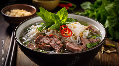 Steamy bowl of traditional Vietnamese Pho with rice noodles, sliced beef, and fresh herbs served in a cozy local restaurant