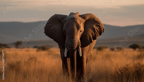 African elephant walking at sunset, tusk and trunk in view generated by AI