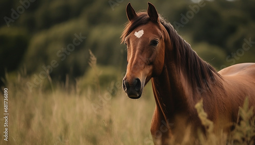 Bay horse grazing in tranquil meadow at sunset  close up portrait generated by AI