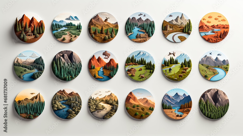 set of round icons with various landscapes set of round icons with various landscapes