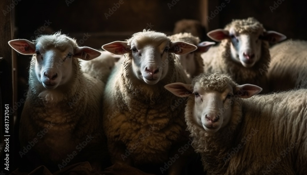 Obraz premium Group of cute livestock grazing on green meadow outdoors generated by AI