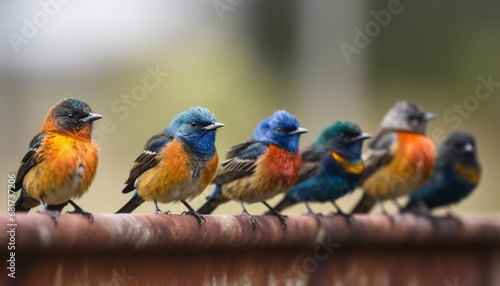Small group of starlings perching on multi colored branch outdoors generated by AI