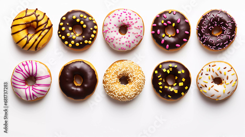 Ten different donuts on white background