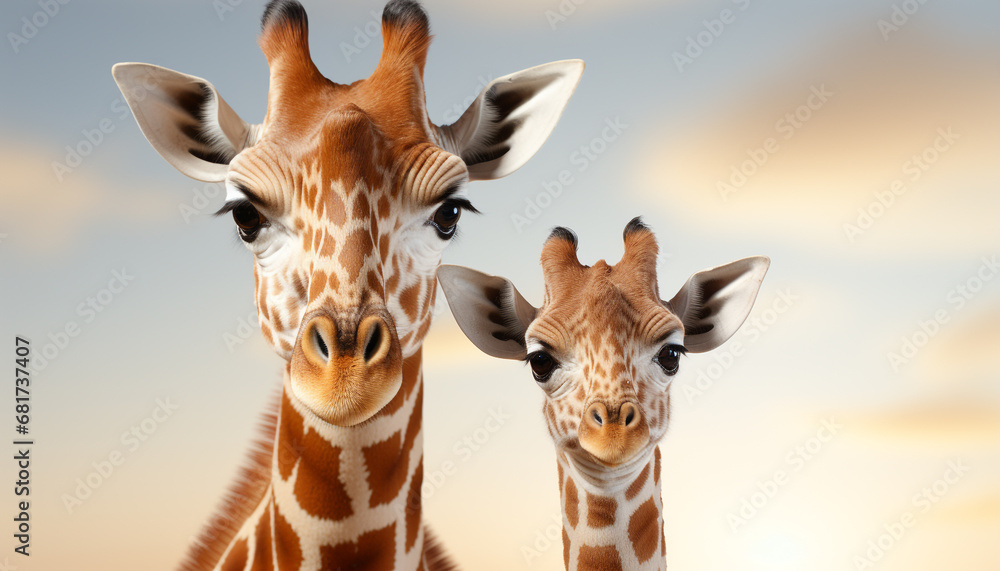 Cute giraffe and zebra standing in African savannah at sunset generated by AI