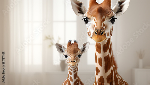 Cute giraffe toy looking at camera, spotted zebra family generated by AI