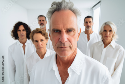 Picture showing group of men and women wearing white shirts. This versatile image can be used for various purposes