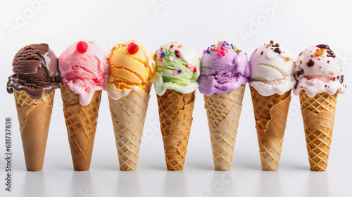 Ten different ice cream on white background