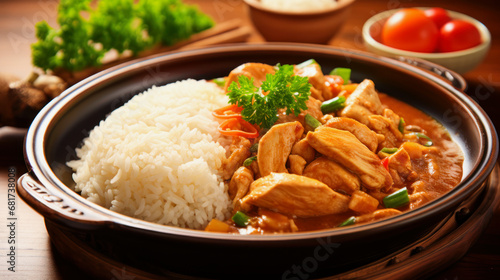 photo illustration of a turkey curry with rice in a brown dish