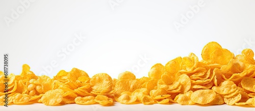 isolated background, a heap of white, yellow and crisp corn flakes sit in a pile, their crimp edges making them appear even more crispy and inviting as a delightful breakfast food object. photo