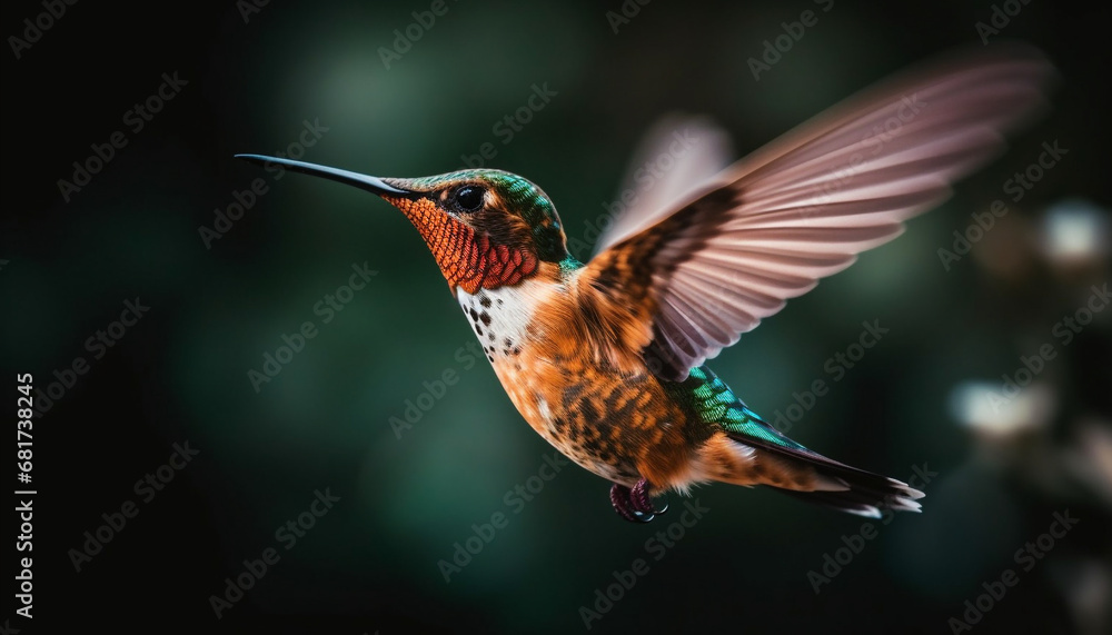 Obraz premium Rufous hummingbird spreads wings, hovering mid air, pollinating vibrant flowers generated by AI