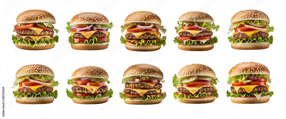 Collection of fresh tasty burgers isolated on transparent background. 