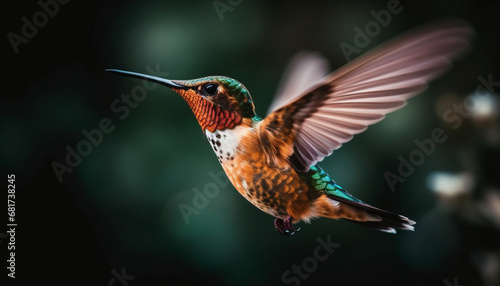 Rufous hummingbird spreads wings, hovering mid air, pollinating vibrant flowers generated by AI