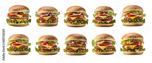 Collection of fresh tasty burgers isolated on transparent background. 