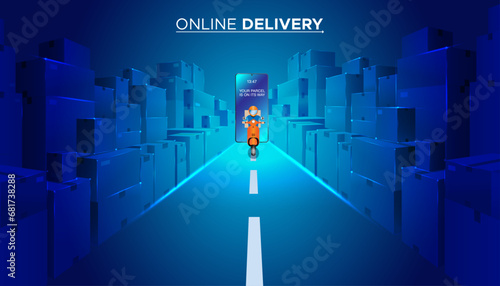 online delivery. "Your package is on its way" mobile notification. Motorcycle courier, waiting parcels. vector art, illustration, blue background