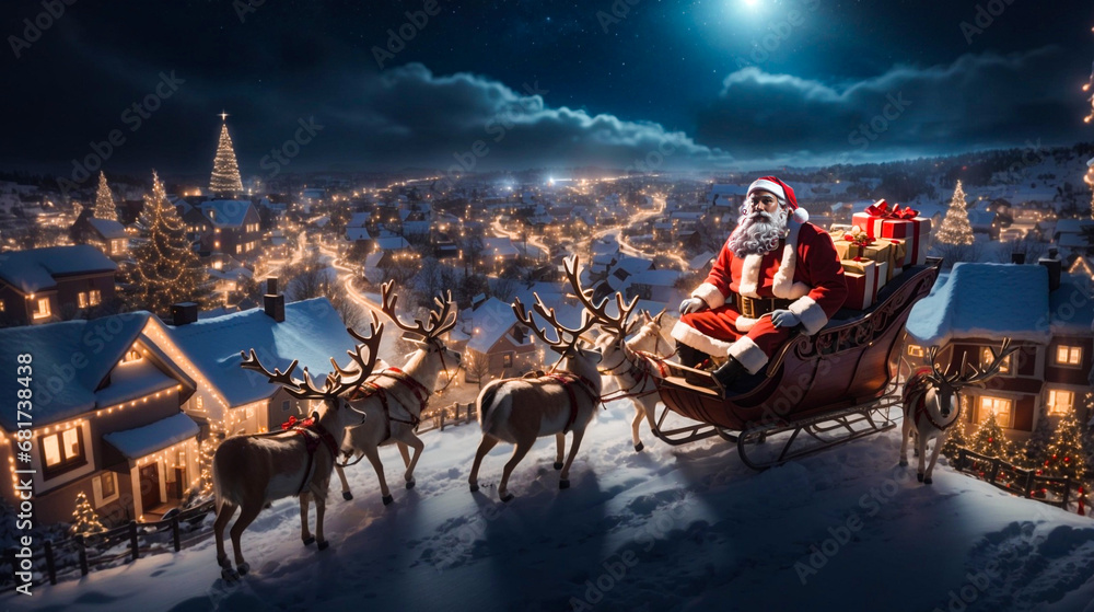 Santa Claus with the traditional sleigh pulled by reindeer parked on a snowy hill - obrazy, fototapety, plakaty 