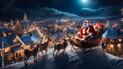 Santa Claus with the traditional sleigh pulled by reindeer parked on a snowy hill photo