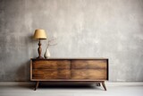 Retro wooden dresser against concrete wall. Vintage home interior design of modern living room, Generative AI