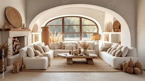 Boho home interior design of modern living room in mediterranean farmhouse  panorama  Generative AI