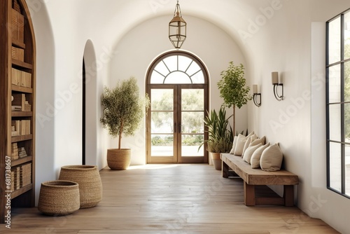 Mediterranean, coastal style interior design of modern entrance hall with arched door in farmhouse, Generative AI © Eduardo