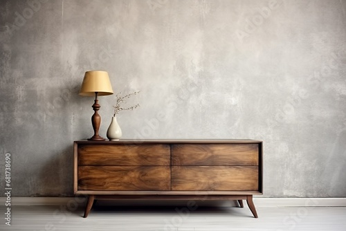 Retro wooden dresser against concrete wall. Vintage home interior design of modern living room, Generative AI photo